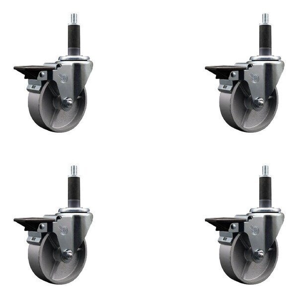 Service Caster 4'' Semi Steel Swivel 1'' Expanding Stem Caster Set with Brake, 4PK SCC-EX20S414-SSS-PLB-1-4 - main